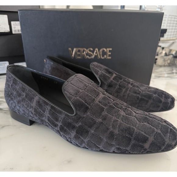 Versace 1003792‎ Men\'s Gray Velvet Croc-embossed Slippers Shoes, 45 main image 9